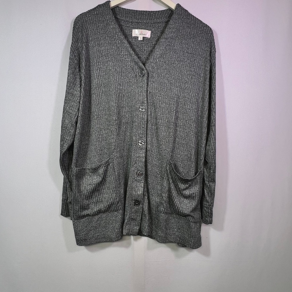 Cuddl Duds Womens 3 Piece Lounge Set Charcoal Gray Ribbed Cardigan Tank Pants L - Picture 3 of 11